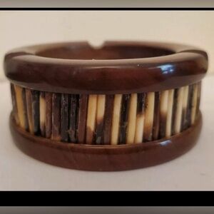 Vintag Hand Crafted Porcupine Quill and African Olive Wood Ashtray Vtg 60's